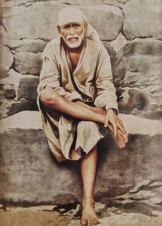 Rare Portrait of Sai Baba Sitting on Stone